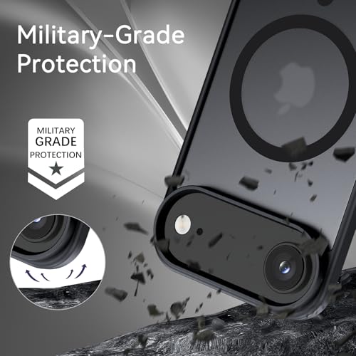 A black protective phone case shown on a smartphone, with marketing text reading 'Military-Grade Protection' and a badge that says 'Military Grade Protection.' The case appears to be the product being sold, and the phone itself is partially visible as context.