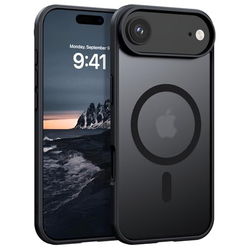 A black protective phone case shown from both front and back angles on a smartphone. The back view features a large circular MagSafe ring and a camera cutout with a raised black bumper.