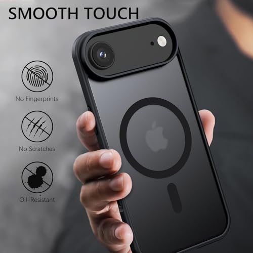 A hand holds a black phone case with a raised camera bezel and MagSafe ring, shown against a blurred dark background with text icons claiming fingerprint-free, scratch-free, and oil-resistant smooth touch.