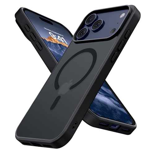 A black protective phone case with a MagSafe-compatible circular ring on the back, shown fitted on a smartphone from multiple angles against a plain white background.